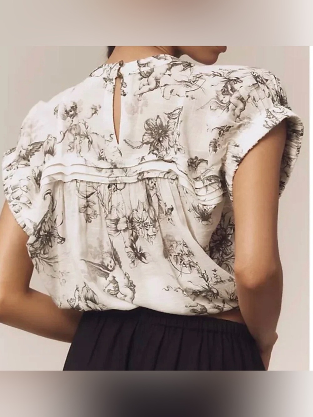 Pilcro Printed White Cap-Sleeve Balloon Top Blouse